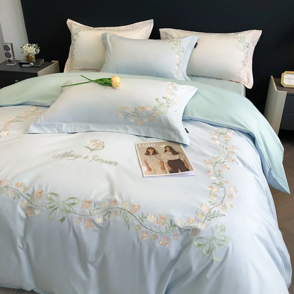 100% Egyptian Cotton Duvet Cover Set Luxury Bedding Set Chic Embroidery Quilt Cover Set Bed Sheet/Fitted Sheet Pillowcases 4Pcs