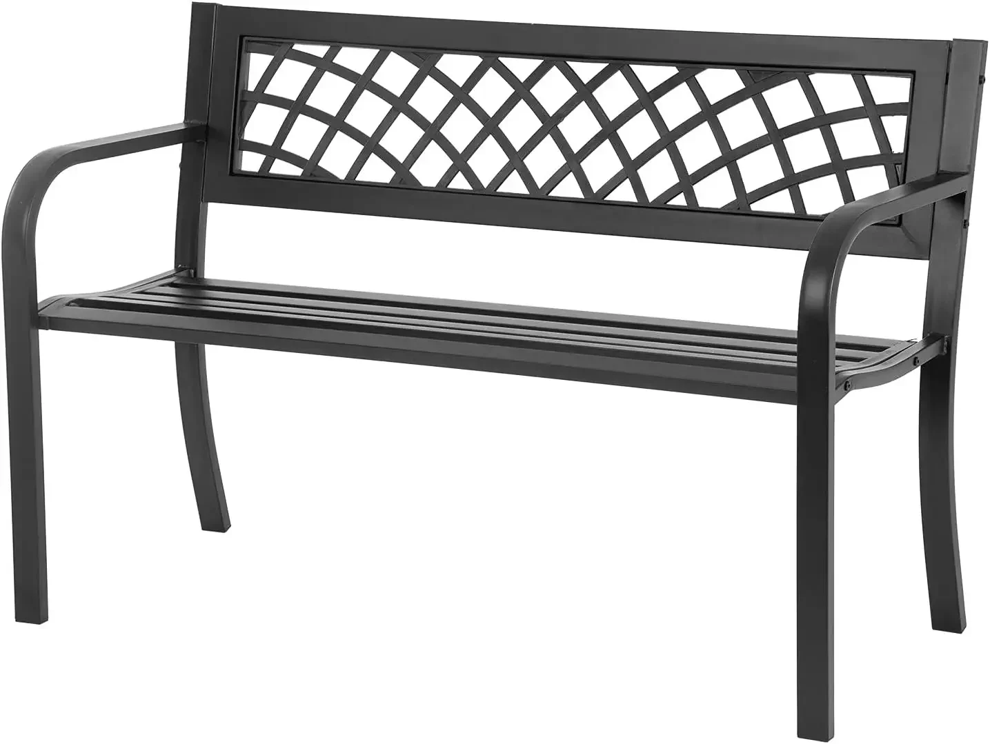 Banc de jardin avec motif en maille et accoudoirs de dossier en plastique, banc d'extérieur, cadre en acier de fer, noir