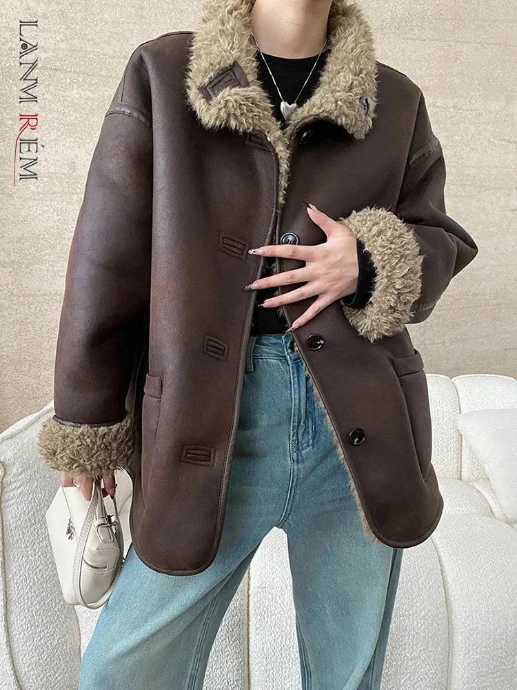 

[LANMREM] Double Sided Wear Faux Fur Coats For Women Lapel Single Breasted Office Lady Thick Warm Outwear 2024 Winter New