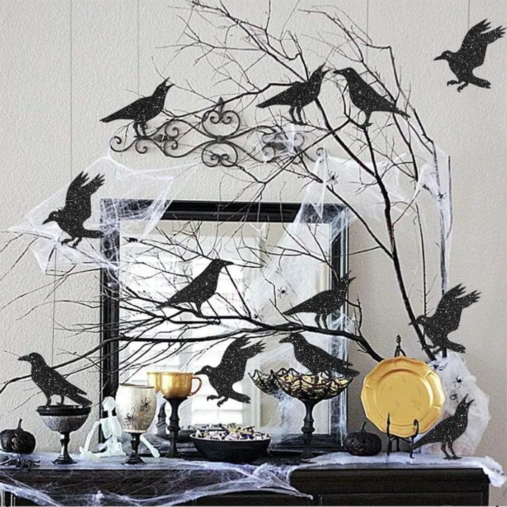 12pcs Dark Glittery Halloween Garland Lightweight Pack of 12 Black Crow Hanging Decor Ready To Hang Flat Pack