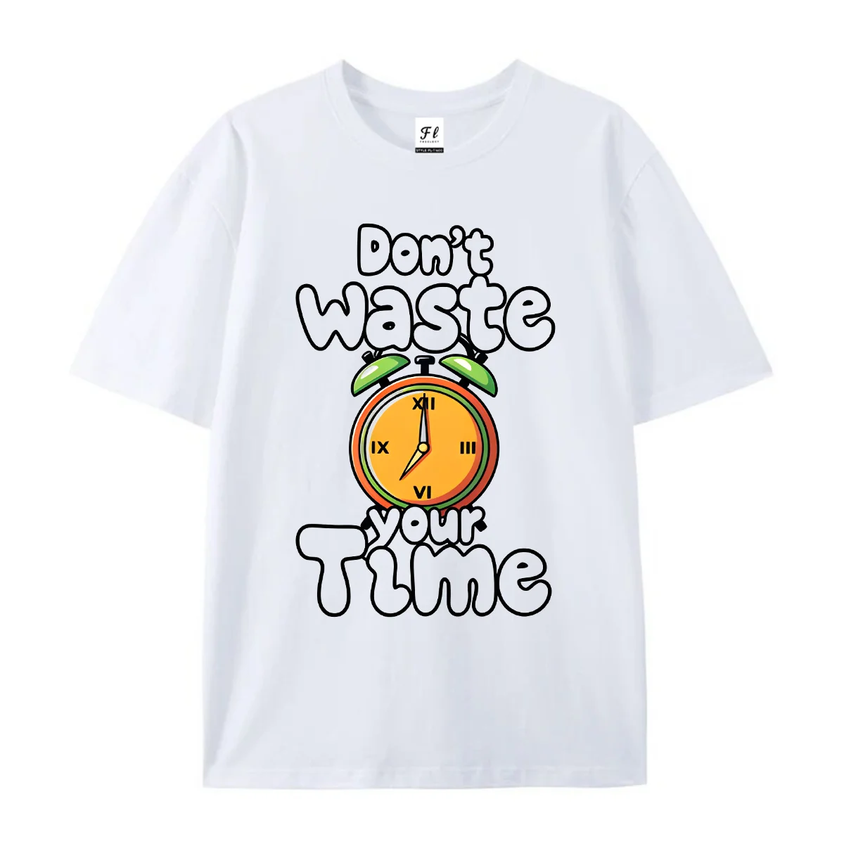 Unisex Short Sleeve T Shirt Don’t Waste Your Time Cartoon Alarm Clock Print Casual Cotton Tees For Men Women Motivational Slogan