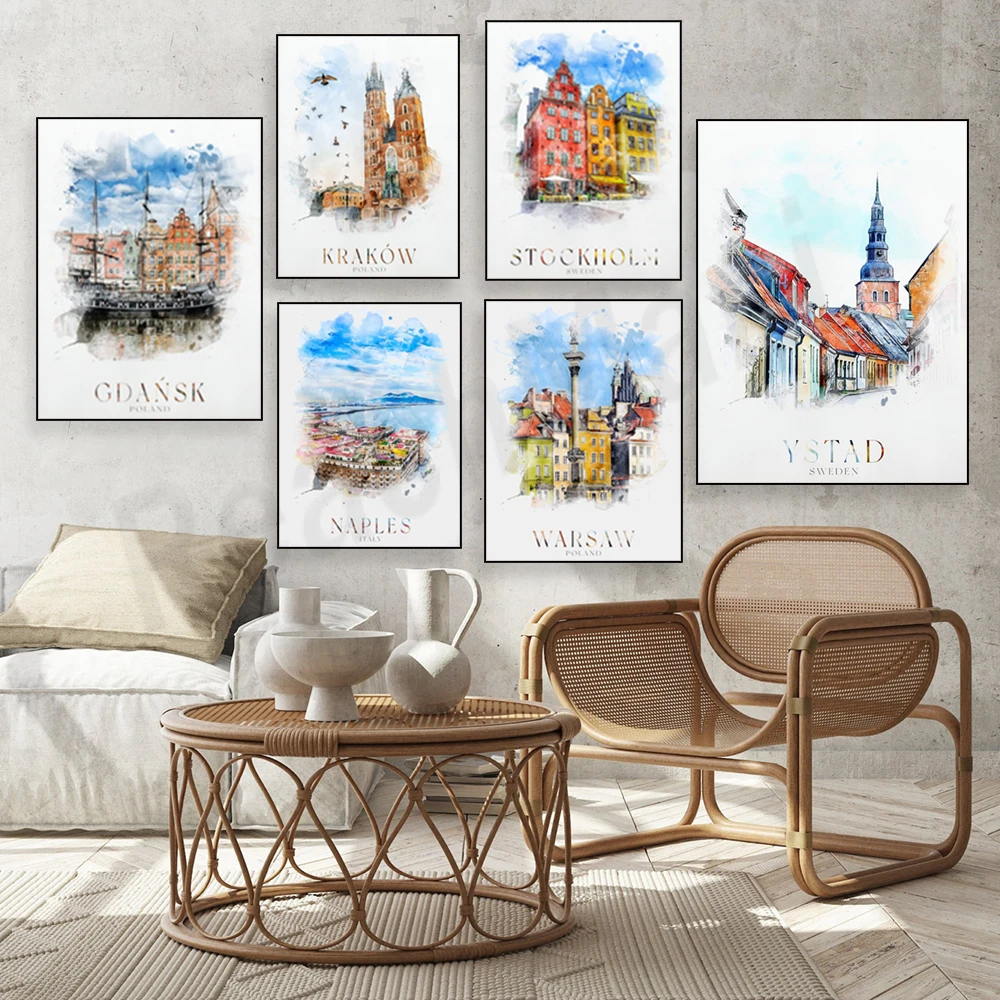 Sweden Kiruna, Stockholm, Geneva, Ystad, Visby, Venice, Italy, Naples, Krakow, Warsaw, Florence, Turkey watercolor travel poster