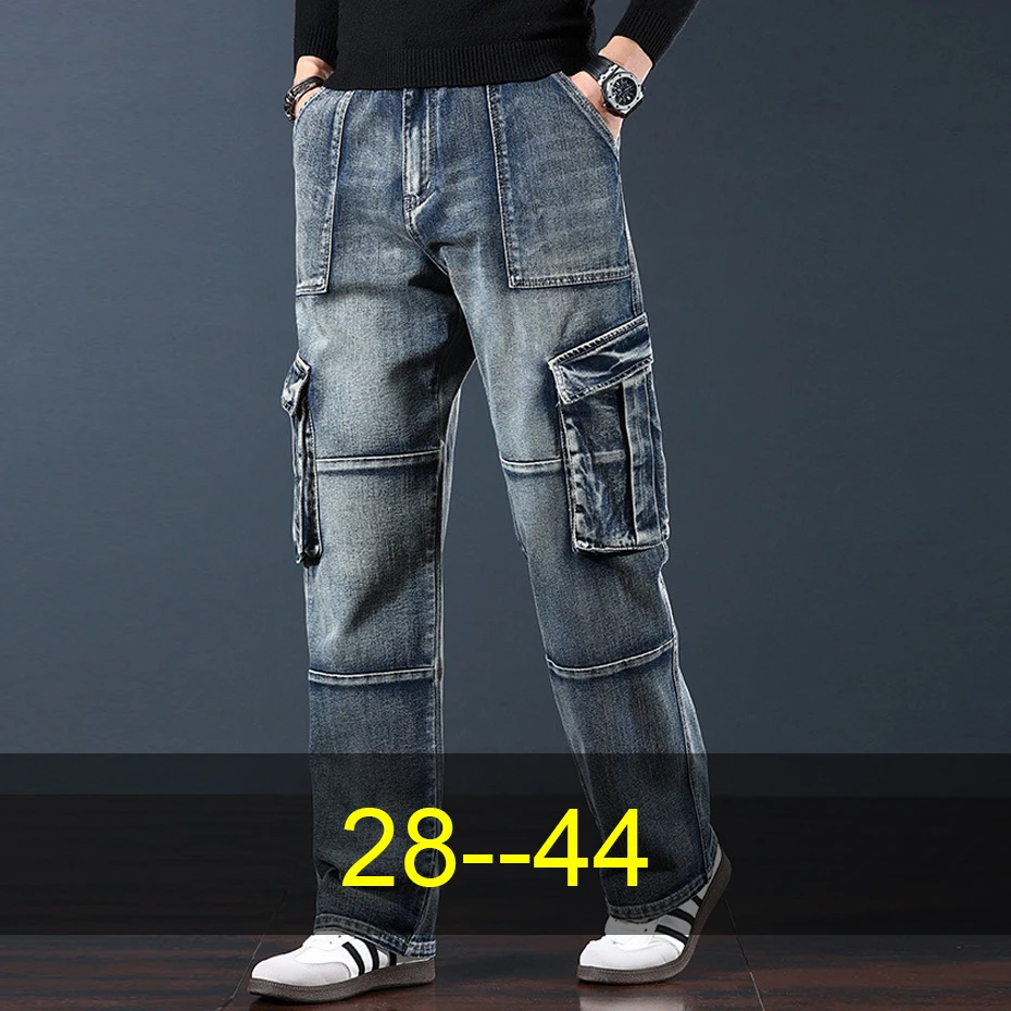 

Baggy Jeans Vintage Denim Pants Men Big Pocket Moto Biker Jeans 44 Plus Size Fashion Casual Straight Jeans Pants Male Big Size