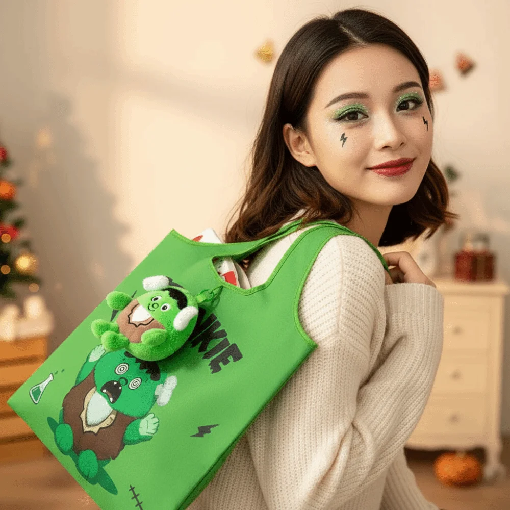 Solid Color Halloween Grocery Tote Mini Space-Saving 2-in-1 Bag Charm Pouch Quick-Folding Ultra-Lightweight