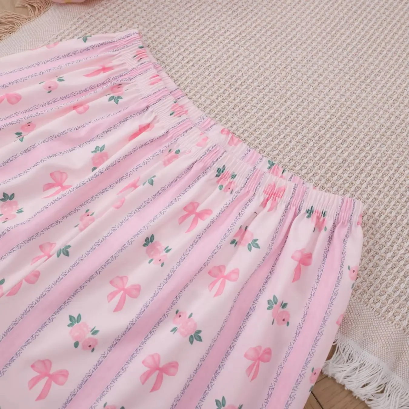 Girl's Heart Pink Striped Pajama Long Sleeve Long Pants Two Piece Set for Women's Casual Home Wear view 3