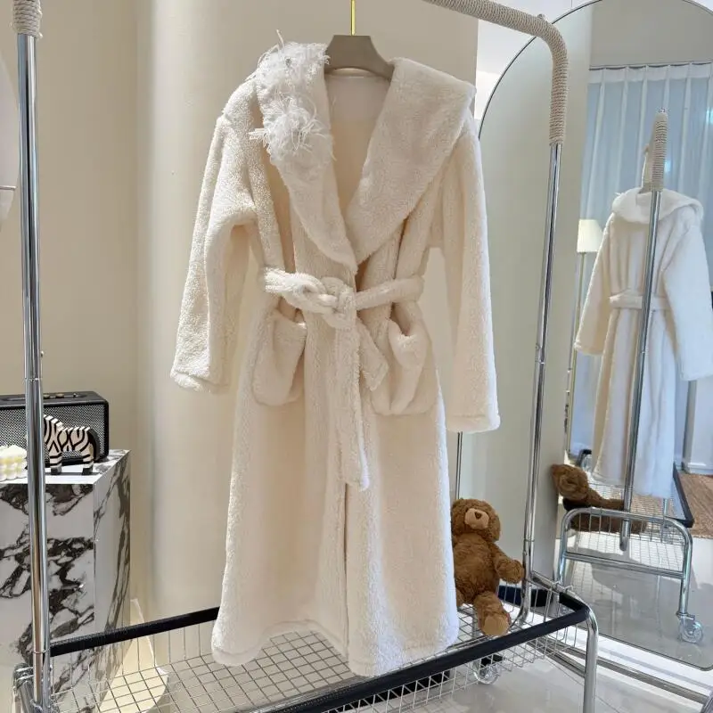 

Warm Coral Fleece Sleepwear Thicken Home Clothes Long Sleeve Bathrobe Gown Lapel Collar Pajamas Comfort Loungewear Robe Gown