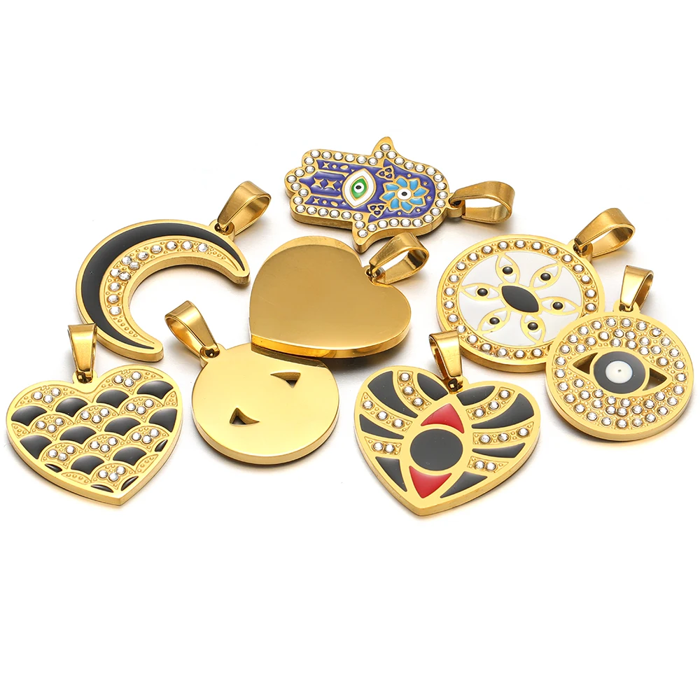 4 Stück Edelstahl-Emaille-Herz-Hamsa-Hand-Anhänger mit Zirkonia für DIY-Schmuckherstellung von Halsketten, Ohrringen und Armbändern – Detail 3