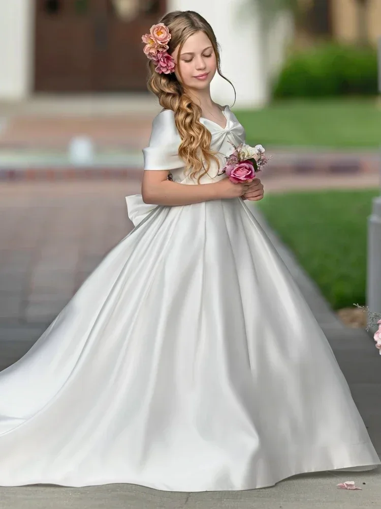 Vestidos de niña de flores de satén blanco con lazo de manga corta para boda, fiesta de cumpleaños, banquete, vestido de princesa de comunión personalizado