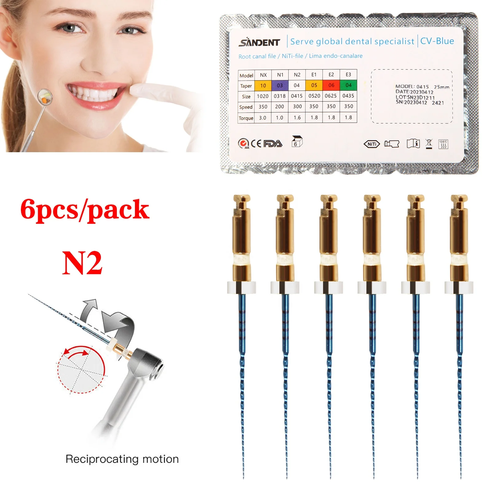 ¡Gran venta! Den tal-limas Endo, conducto radicular dorado, uso de motor Universal, tratamiento de archivos rotativos Niti, 25mm N2 para Motor Endo, 6 unidades por paquete