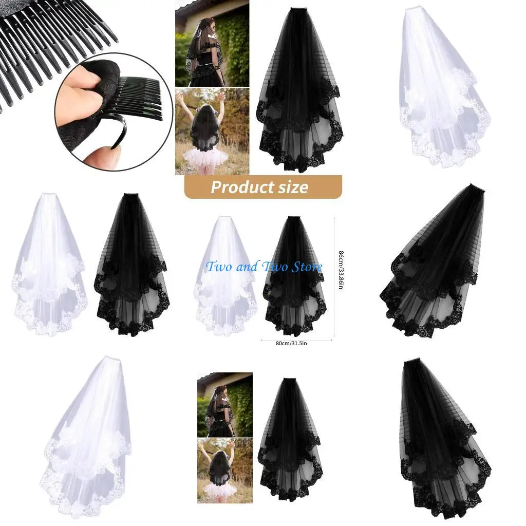 

HX6F Фата с цветочной кружевной отделкой, длинная фата для невесты с фиксирующимся гребнем, вуаль для фотографий, прозрачный