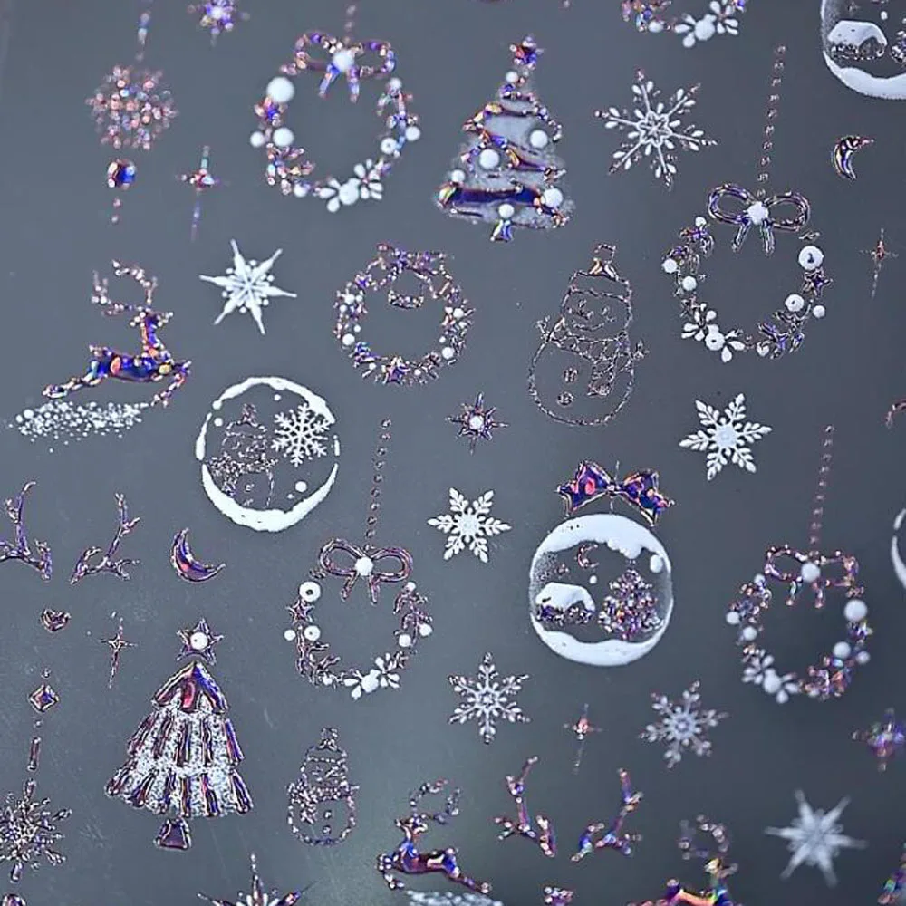 1 unidad de pegatinas de decoración de uñas con copos de nieve y corona de árbol de Navidad estampado dorado, autoadhesivas 5D, calcomanías de manicura de dibujos animados de Navidad de Papá Noel y alce