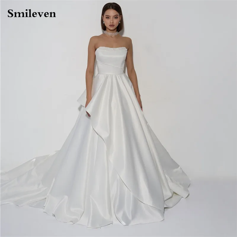 

Smileven Newst Beading Satin Wedding Dress Strapless Bride Gown Long Sleeve Princess Vestido De Novia Wedding Gowns Customized