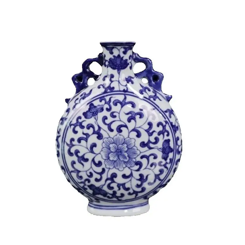 

Chinese Old Porcelain Blue and white intertwined lotus pattern double ear flat vase Hand-Painted Decorative Ceramic Collectible