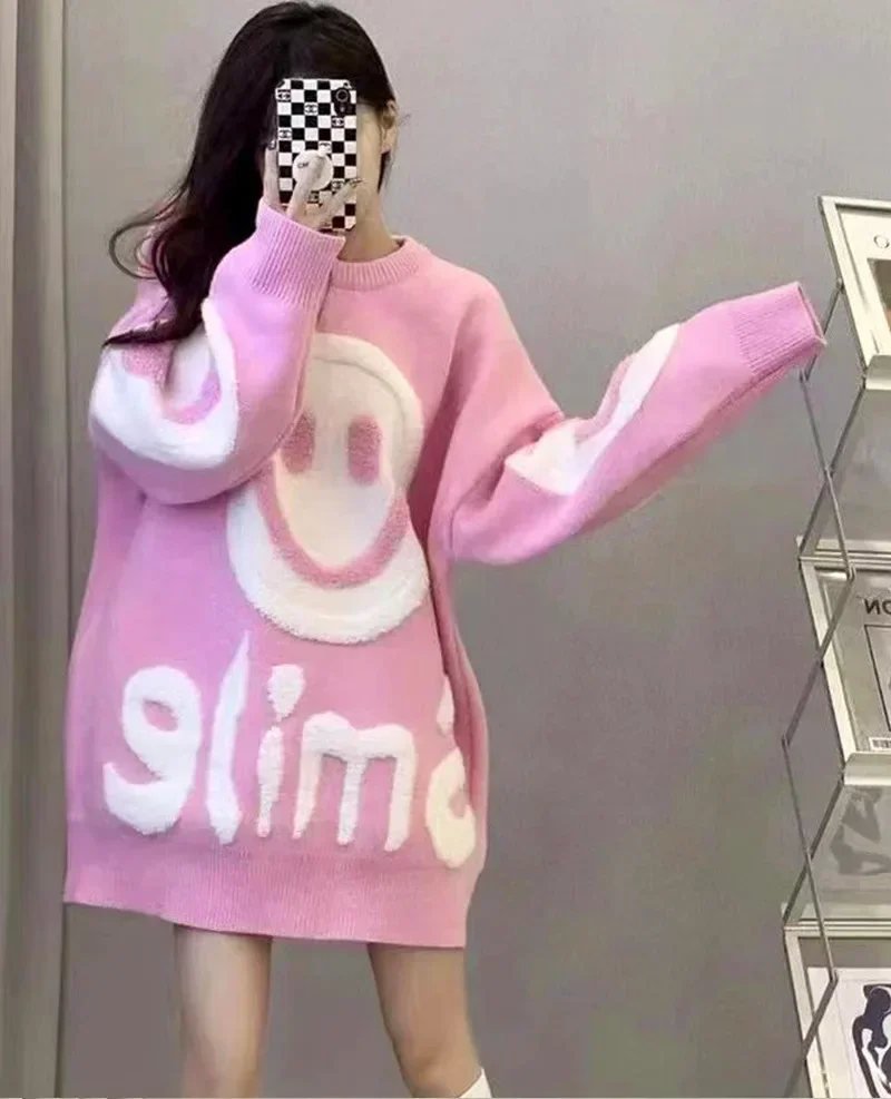 New Loose Thickened Autumn Winter Fashion Versatile Smiling Face Pink Sweater Warm Women Round Neck Long Shirt Christmas Sweater