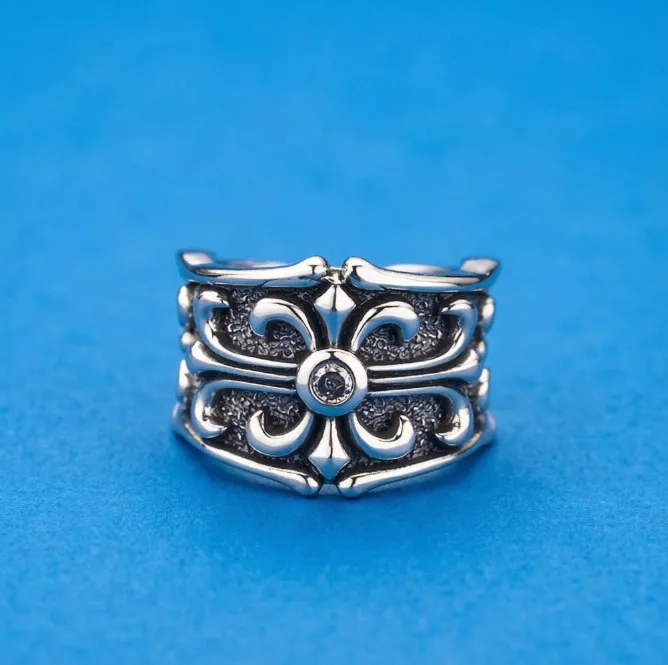 

S925 sterling silver ring cruciate Flower Boat anchor men's ring index finger with opening Thai silver punk jewelry
