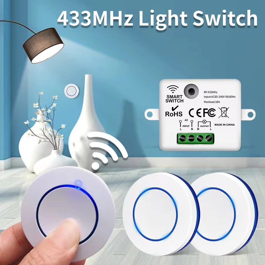 RF 433MHz Wireless Light Switch 220V 110V 10A Relay Receiver Mini Round Button Wall Panel Switch Remote Control Home LED Lamp