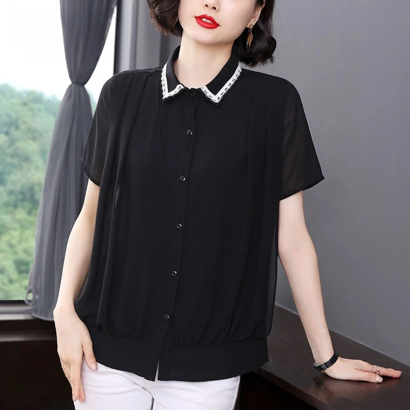 Womens Blouses New Arrival 2023 Summer Short Sleeve Polo Lapel Shirt Solid Color Button Lace Striped Fashion Elegant Casual Tops