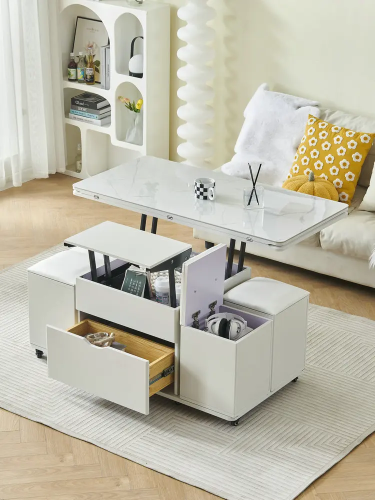 Cream style long bottom plate lifting coffee table, small unit, mobile telescopic storage, multifunctional with stool