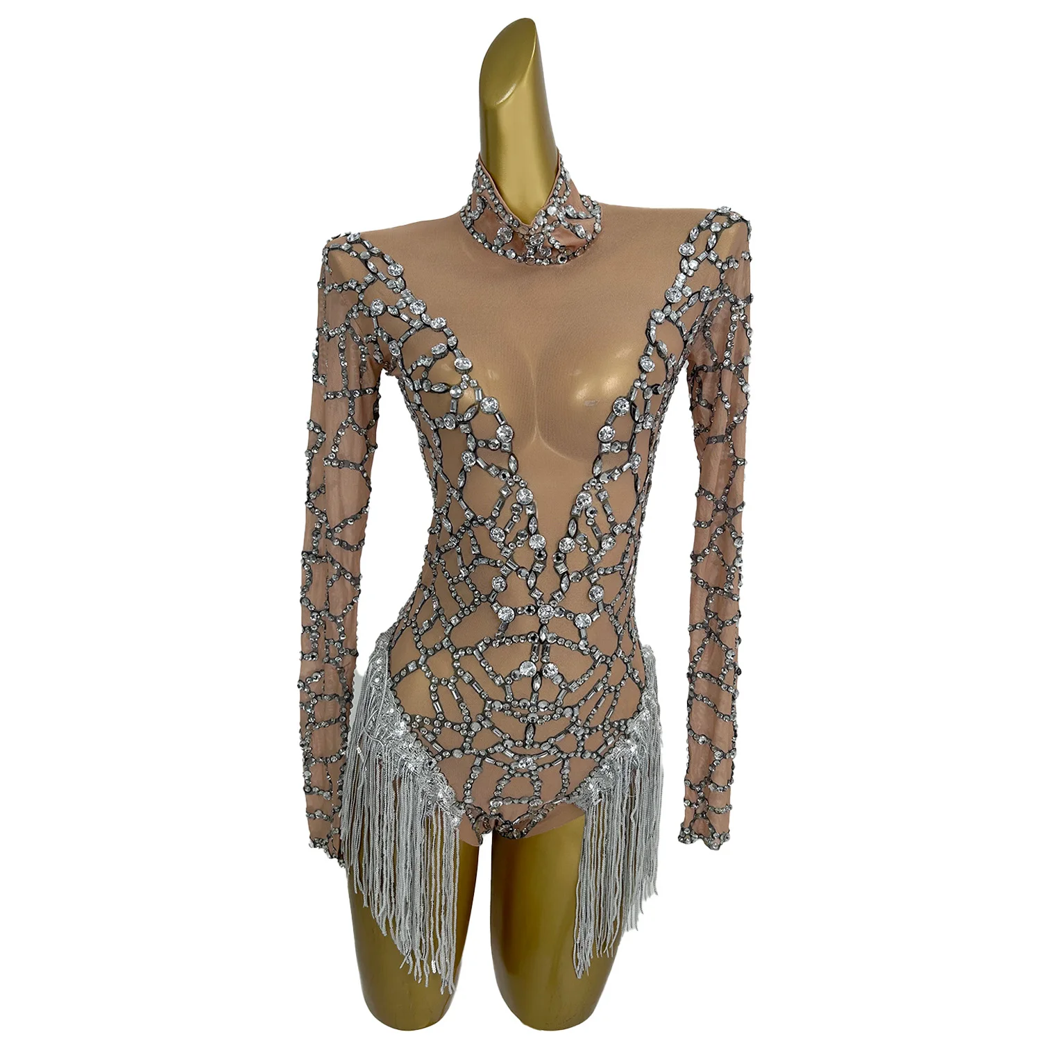 Guilie Fashion Women Jumpsuit Shorts Sexy Perspective Mesh Silver Rhinestone Tassel Shorts Bar Stage Costumes Prom Jumpsuit