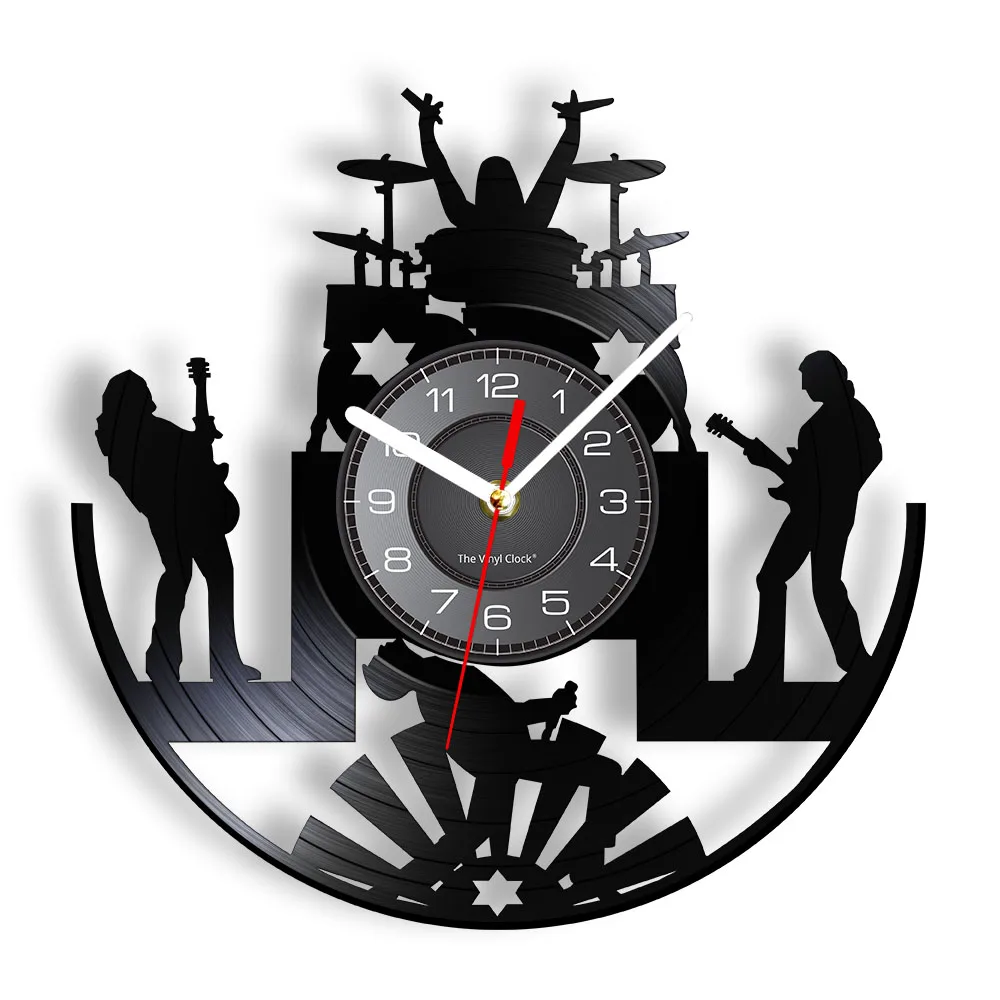 Rock Band Music Group Wall Clock Rock Band Drummer Heavy Metal Group Guitarist Performance Stage Show Vinyl Record Wall Clock