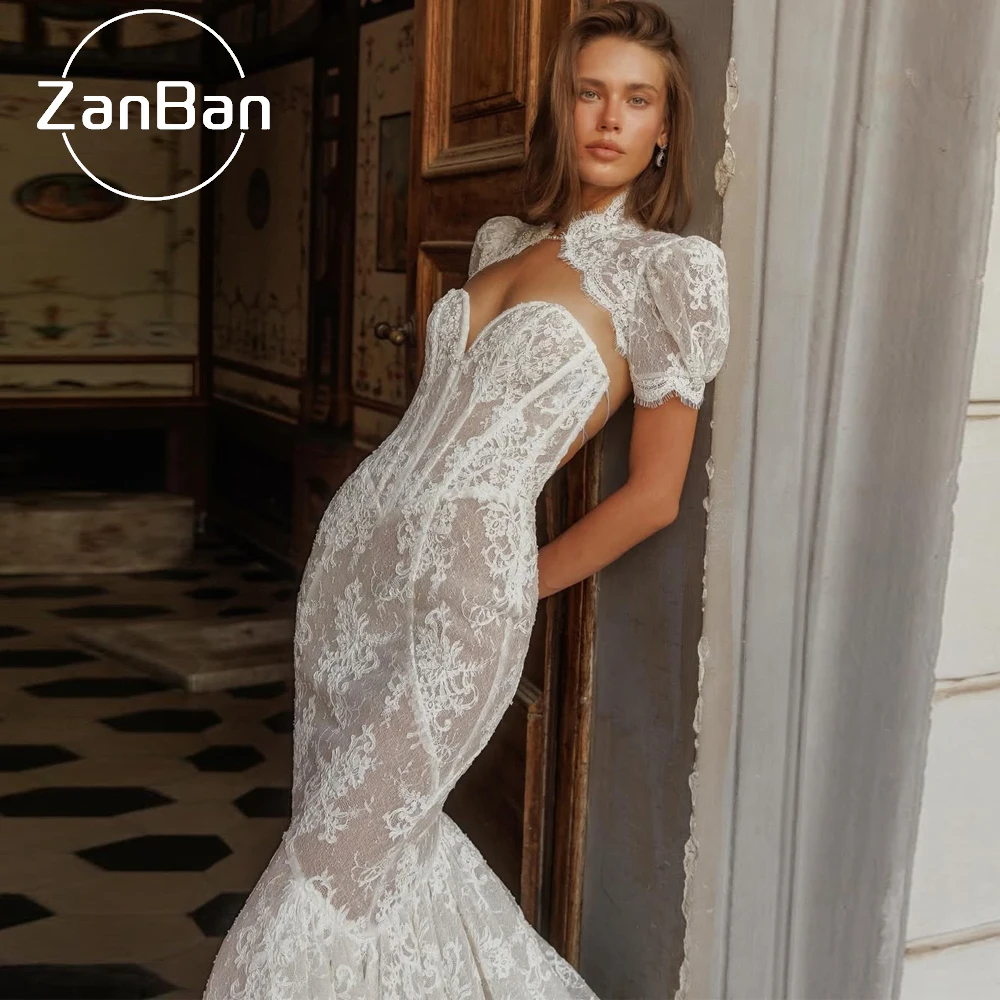 ZanBan Customized Elegant High Necklink Lace Wedding Dresses Short Sleeve Backless Bridal Gowns 2026 White Mermaid Wedding Gowns view 4