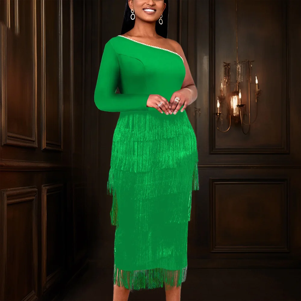 

Sexy Green Dresses for Woman One Shoulder Beaded Tassel Sheath Mid Calf Luxury Birthday Party Dinner Vestidos Mujer Dress Midi