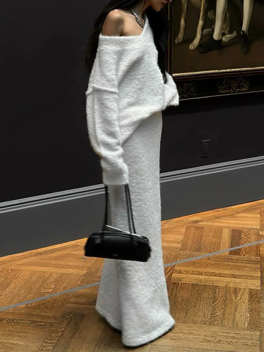 TWOTWINSTYLE solide décontracté deux pièces ensemble pour les femmes col diagonale à manches longues haut taille haute jupe longue costume femme nouveau Style