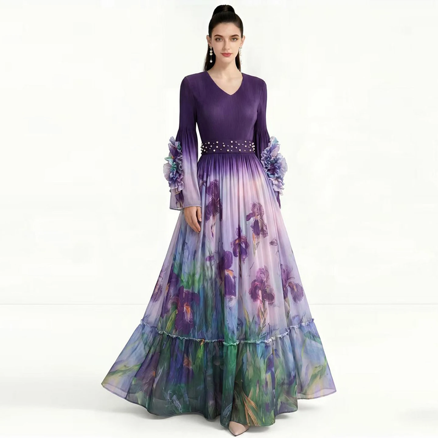 

Elegant Long Sleeve Gown Dress Full Skirted Maxi Dress Slimming Ball Gown for Women V Neck Polyester High Elasticity