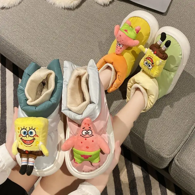 Cute SpongeBob Patrick Star Snow Boots Cotton Shoes Thick Platform Non‑Slip Sole Funny Cartoon Warm Footwear for Daily Wear