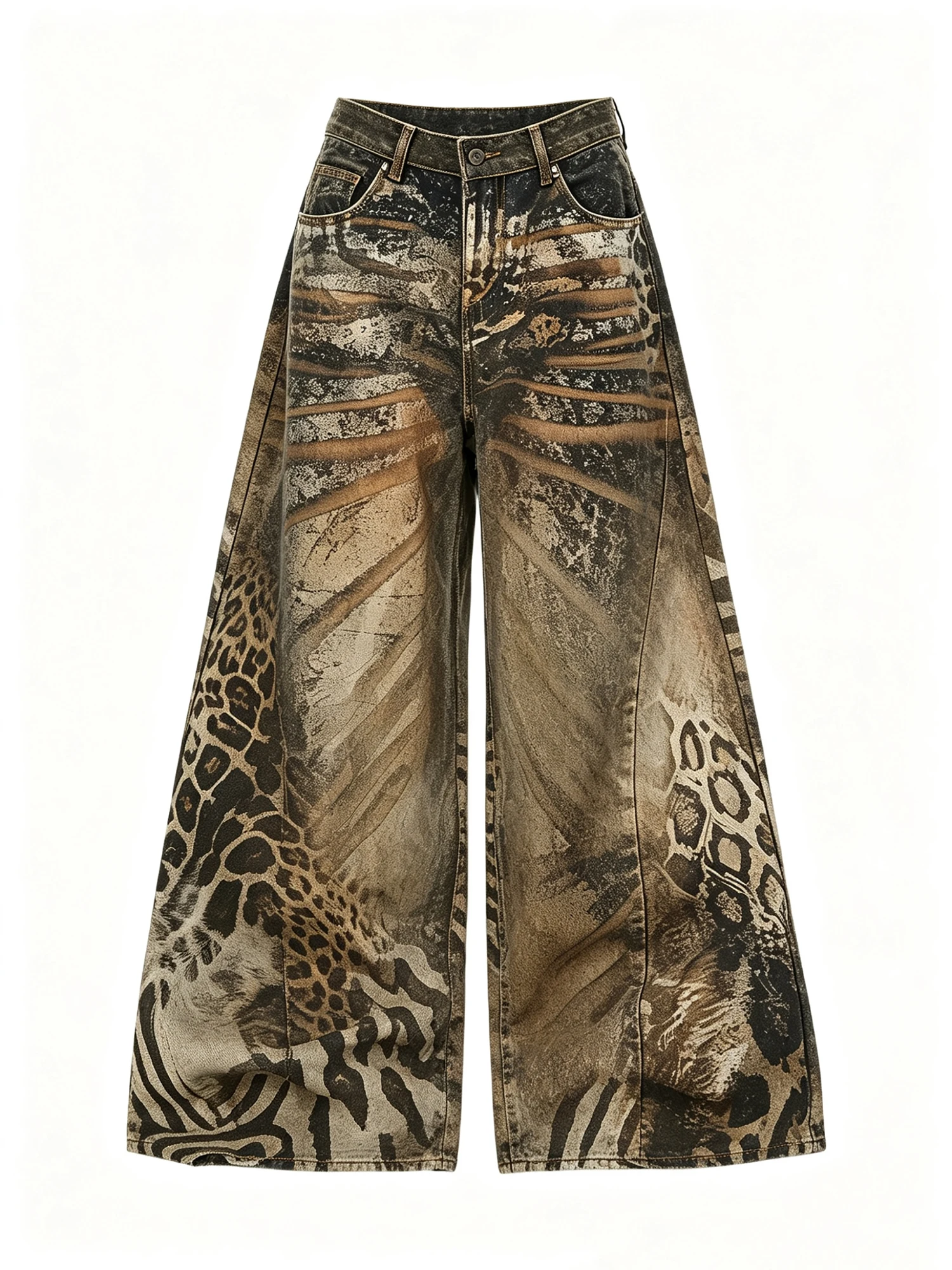 

Women's Brown 3D Print Leopard Jeans Vintage Hiphop Grunge Y2k Gyaru Punk Jeans Pants Baggy Wide Denim Pants Alternative Clothes