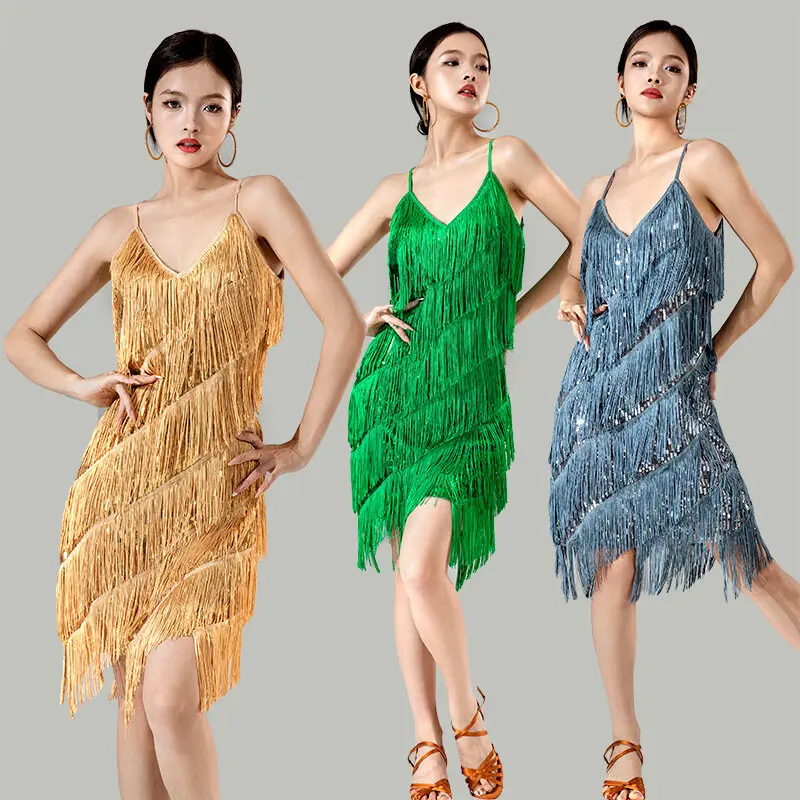 Nuevo vestido de mujer, falda de baile latino, ropa de actuación de alta gama para mujer adulta, vestido de noche con tirantes, vestido Sexy con tirantes y borlas