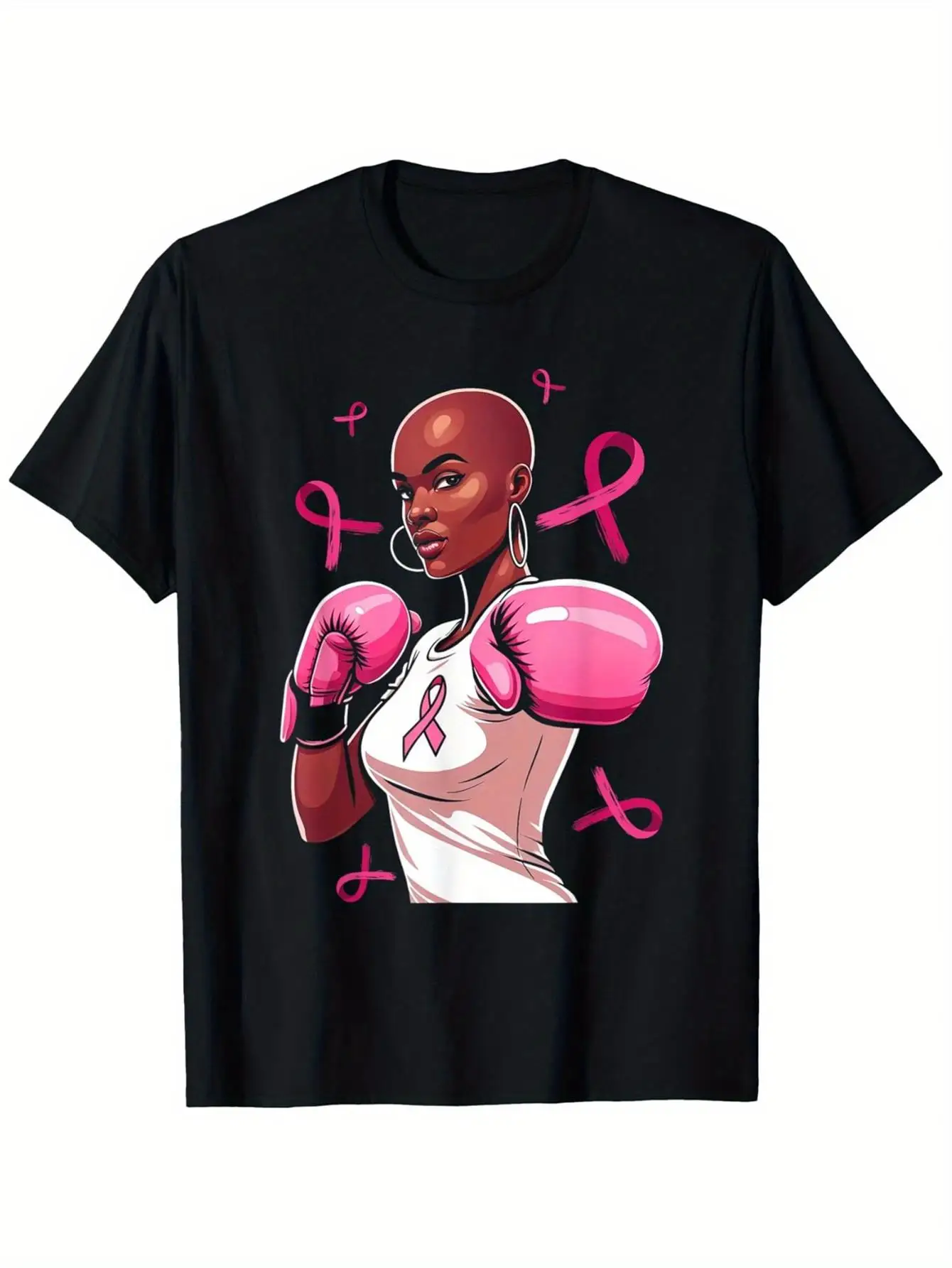 Men's Breast Cancer Awareness T-shirt - 180 gsm short sleeve, featuring a pink ribbon and female boxer design, comfortable casual crew neck shirt