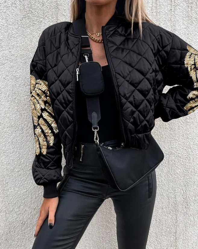 

Women's Thick Coat Contrast Sequin Angel Wings Pattern Quilted Puffer Jacket 2024 Baseball Collar Zipper Long Sleeve Warm Top