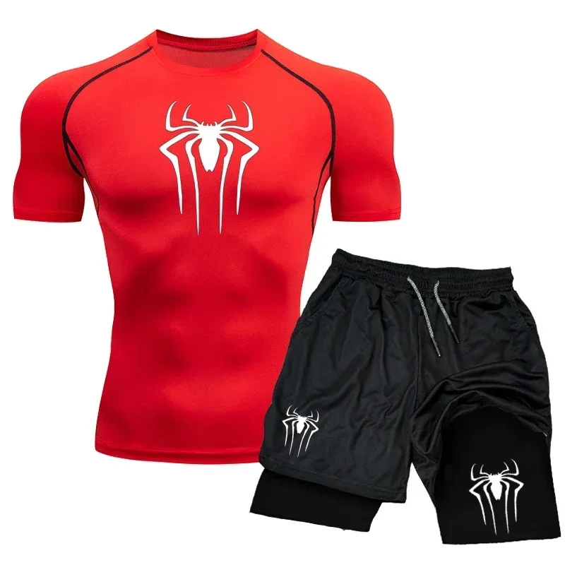 

Compression Set Spider Print Sportwear for Men Quick Dry GYM Shorts+Shirt 2PCS Quick Dry Short Sleeve Trainning Sport Suit