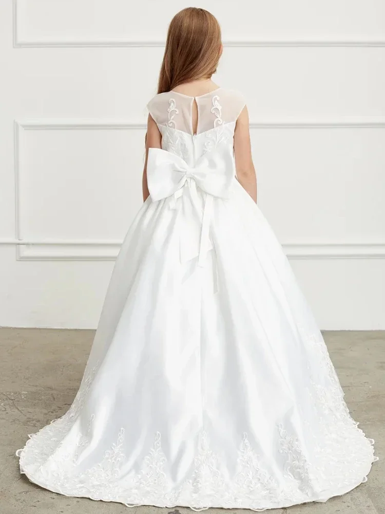 Платья для девочек-цветочниц, платья для первого причастия на день рождения, белые кружевные цветочные аппликации с бантом и шлейфом без рукавов для свадьбы