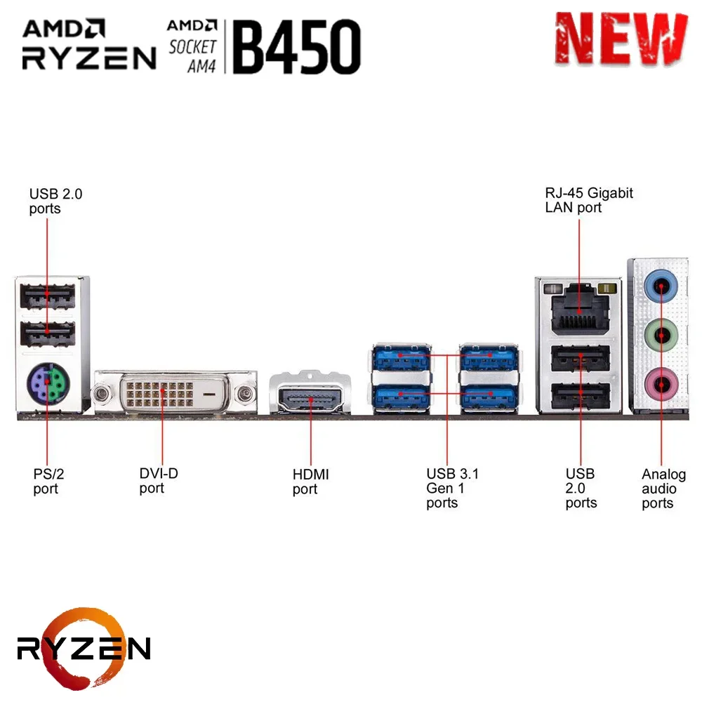 AMD B450M DS3H 2 لوحة أم ، معالج R5 ، Intel W2 ، 16G ، 8G x 2 ، m MHz ، جديد