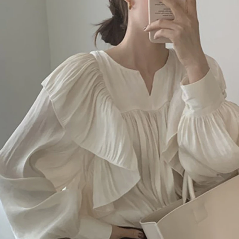 Korean Style Solid Loose Ruffled Folds Women Blouse Long Sleeve Casual Lantern Sleeve Women Blouse Half Open Collar Lady Tops