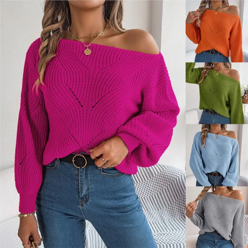 Autumn and winter casual hollow out one collar off shoulder lantern sleeves solid color elegant and generous women's sweater