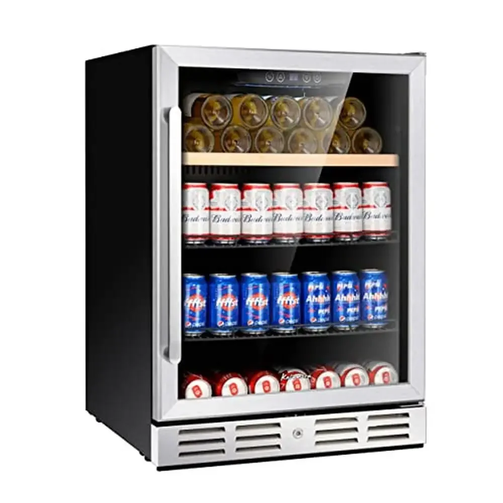 Beverage and Wine Cooler 118 Cans & 16 Bottles Stainless Steel Glass Front LED Light Mini Fridge Compact Design Removable Racks