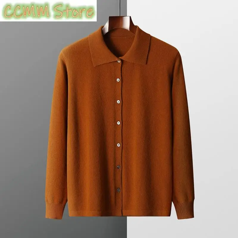 

Men's Wool Cardigan Spring Autumn POLO Turn Down Collar Solid Smart Casual Cashmere Sweater Merino Wool Knitwear Fashion