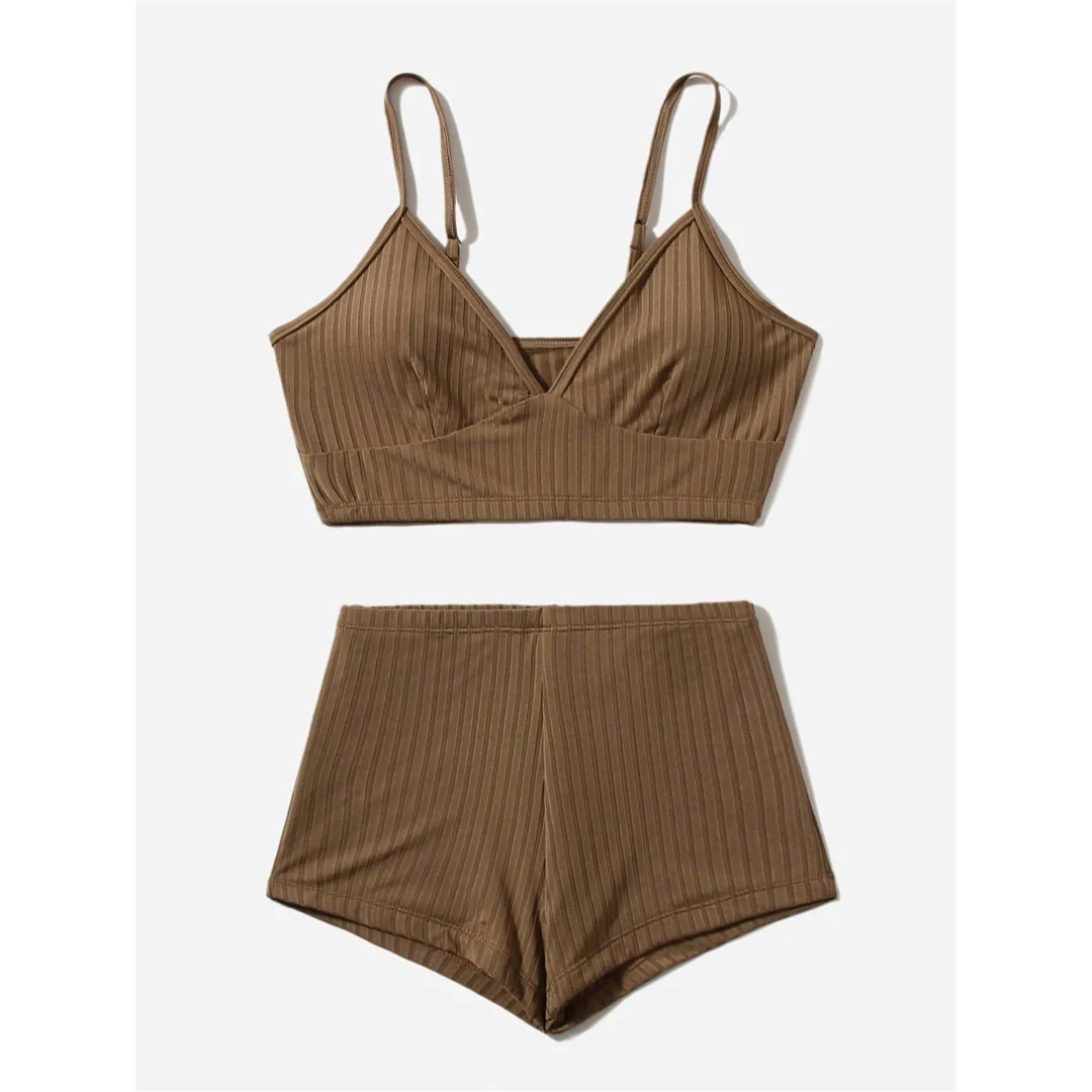 Gerippte Shorts, Damen-Badeanzug, Bikini mit hoher Taille, zweiteiliges Bikini-Set, gepolsterter Badeanzug, Damen-Badebekleidung, V3281. – Detail 26