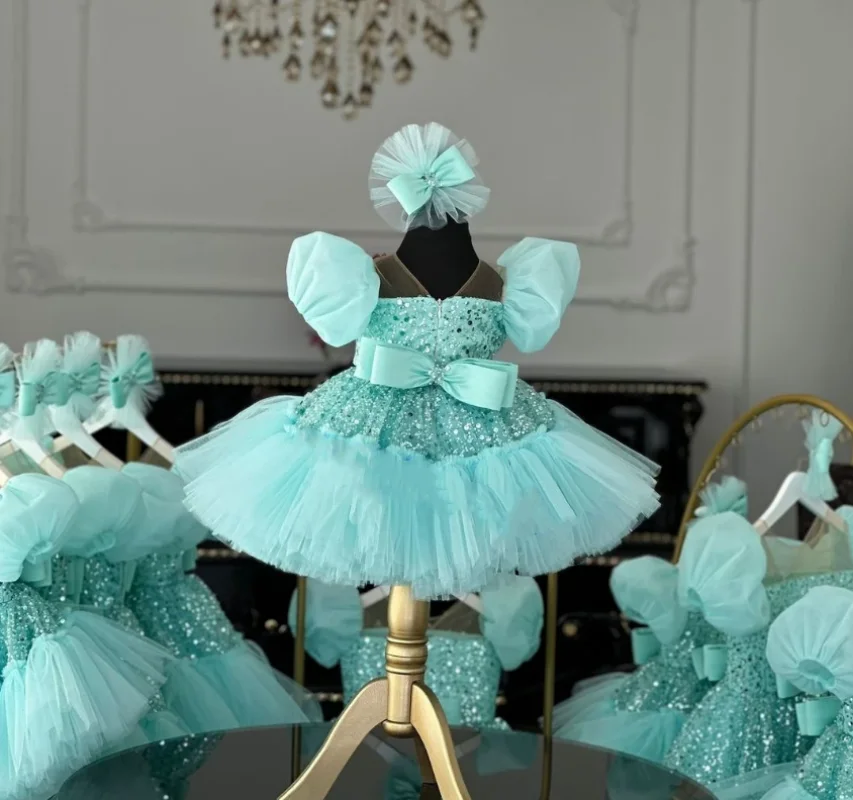 Customizable Mint Flower Girl Dresses with Puff Sleeves Sheer Neck Baby Kids Girls Birthday Party Gowns Christmas Dress