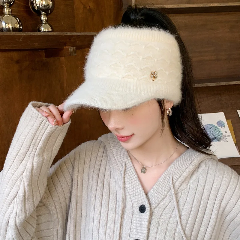 Fashion Hat Women Autumn Winter Empty Top Rabbit Hair Plush Warm Duck Tongue Hat Versatile Cold Resistant Knitted Cap Thick Warm