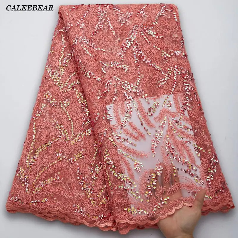 

Latest Peach African Sequin Mesh Lace Fabric High Quality Lace French Tulle Lace Fabric Nigerian Lace Fabrics For Wedding S2781