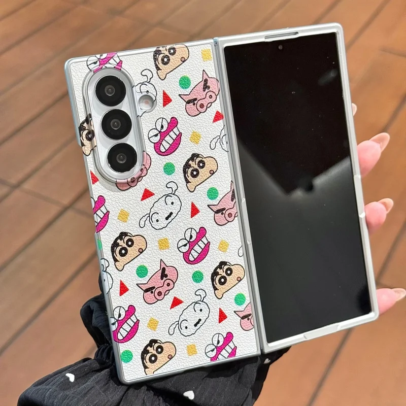 

Luxury Leather Cute cartoon Crayon Shin-chan dinosaur Polka Dots Folding Phone Case For Samsung ZFold 3 4 5 6 7 Shin-chan Cover