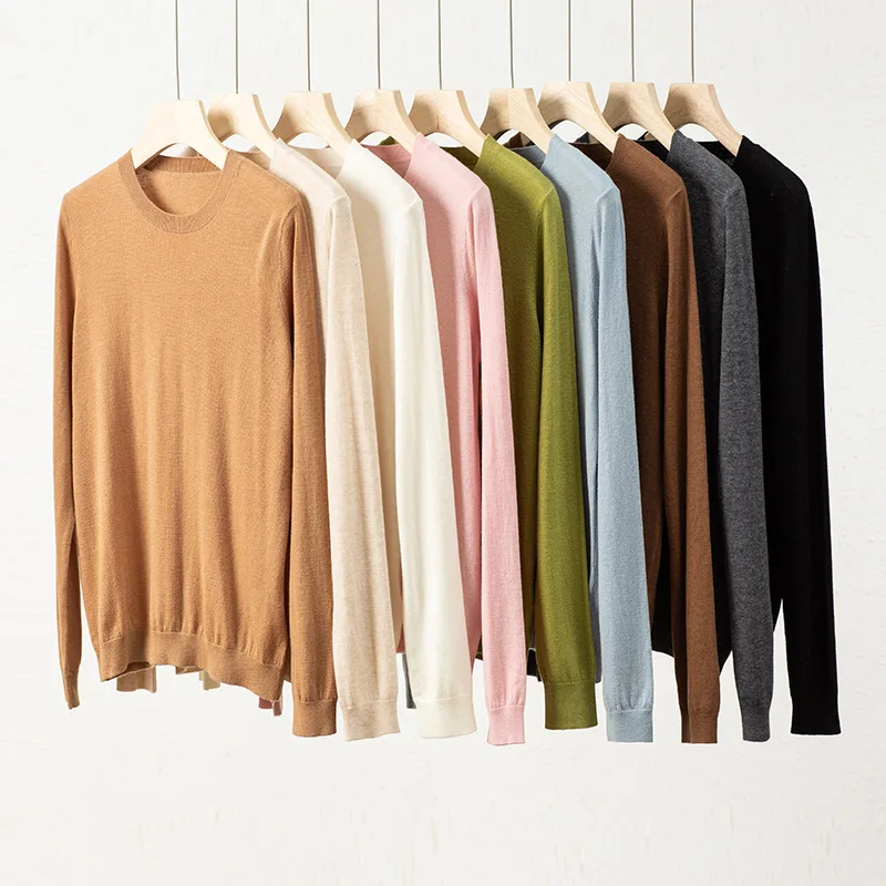 

Autumn 100% Pure Wool Sweater,Women Round Neck Loose Long Sleeve Solid Color Pullovers Knitwear
