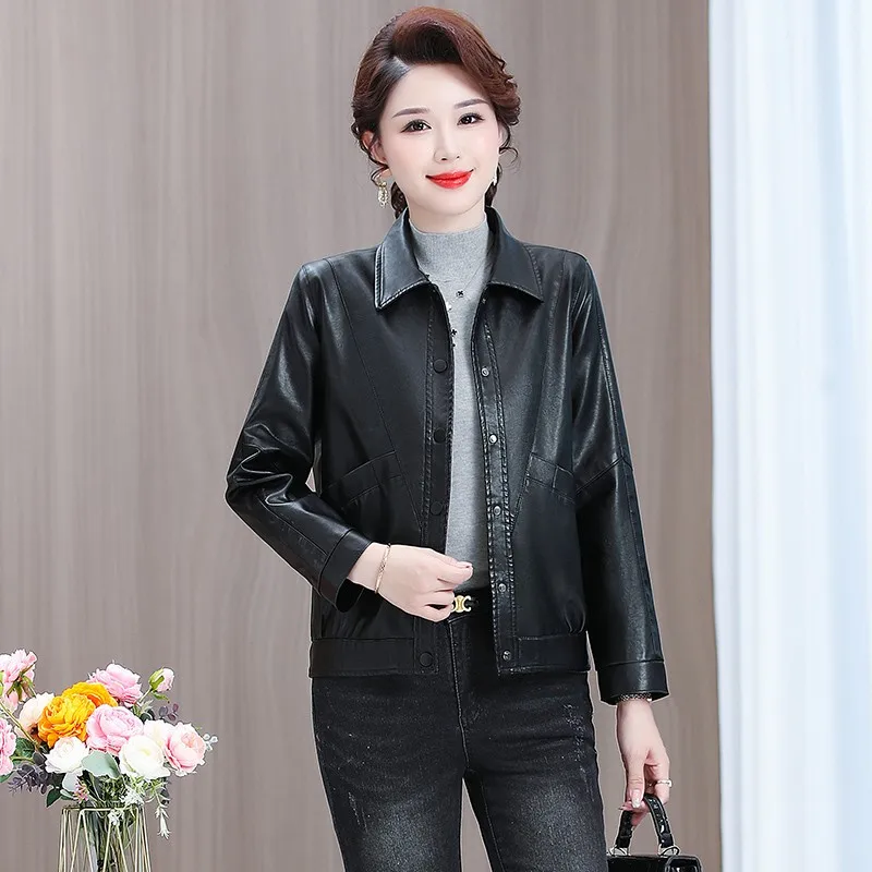 New Coat Women Spring Autumn New Korean Outwear Slim Middle-Aged Elderly Leather Jacket PU Leather Coats Female shortTop