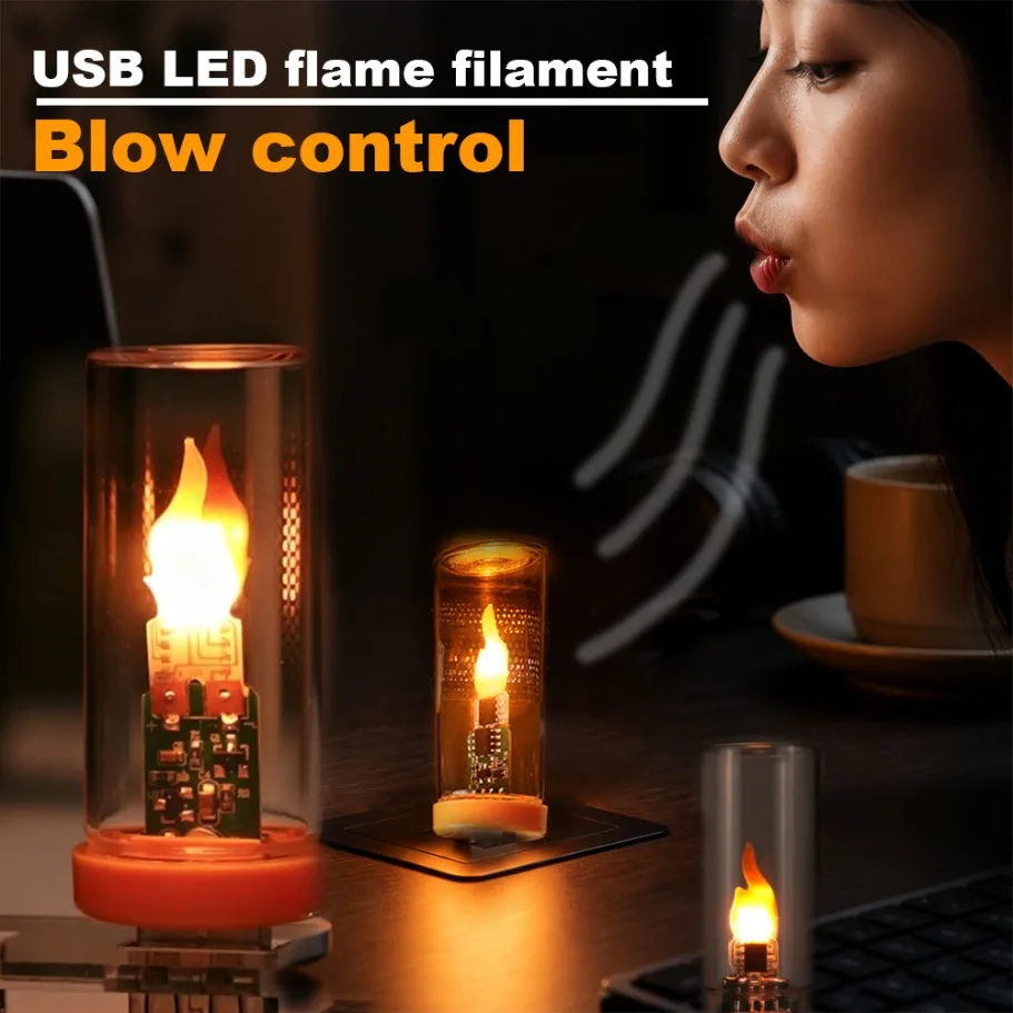 Blow Control LED Flame Filament Night Light Frosted Transparent Glass USB Atmosphere Ambient Lamp Room Desk Laptop Decoration