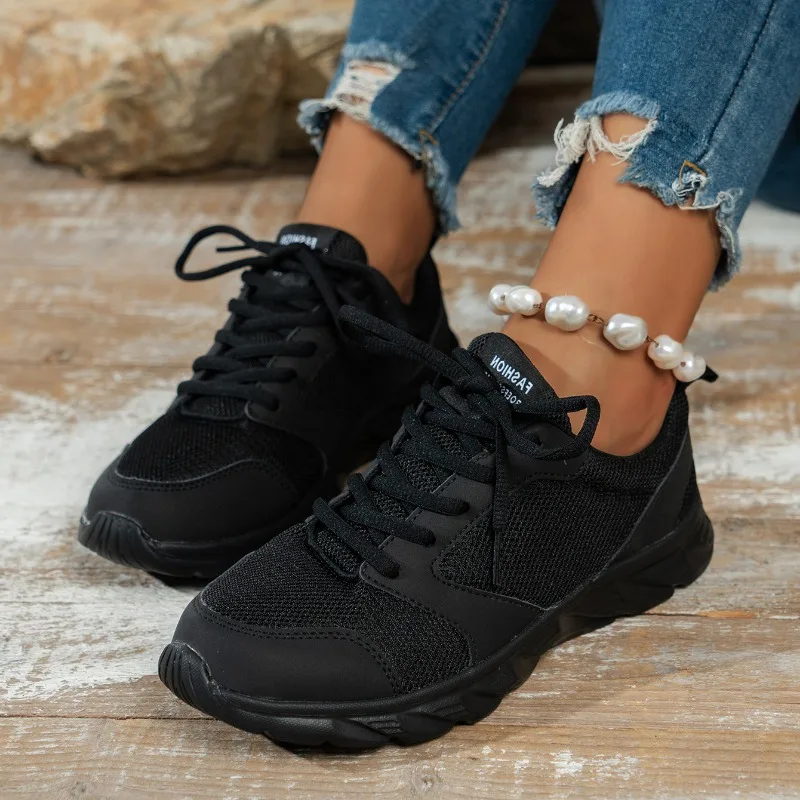 Women Sneakers Black Women Trendy Lace Up Knit Sneakers Casual Outdoor Athletic Running Gym Sports Male Women Breathable Shoes