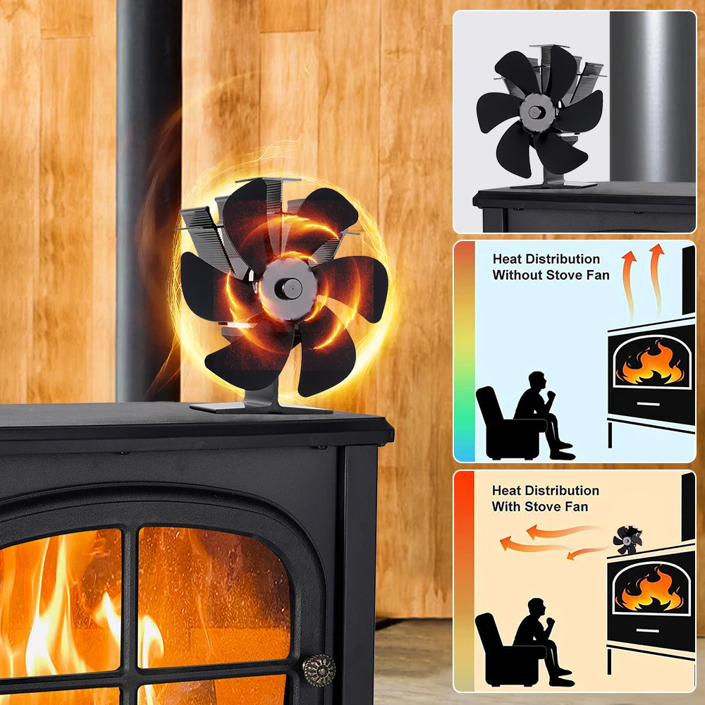 6 Blades Heat Powered Stove Fan Black Fireplace Fan Log Wood Burner Eco-fan Quiet Heater Home Efficient Heat Distribution